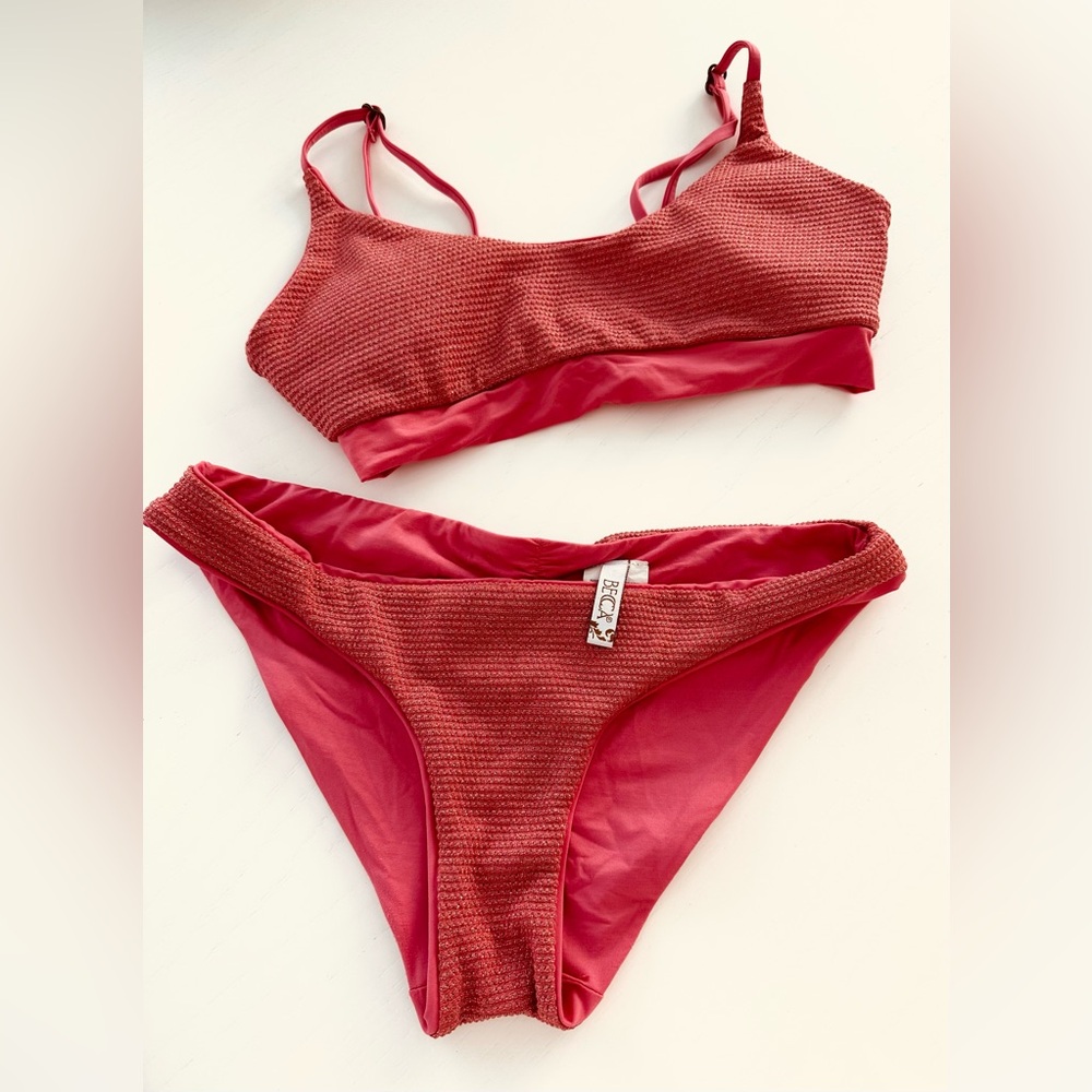 Becca By Rebecca Virtue Coral Bikini Swim Top M & Bottom Hipster Shirred-Back S